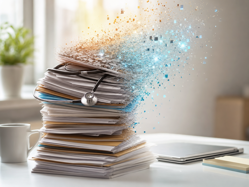 Editorial illustration of medical paperwork burden